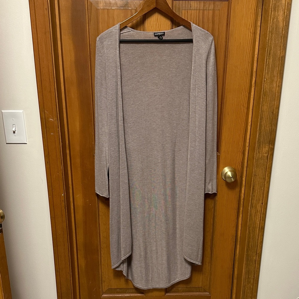 Women's Express Long Taupe Open Stitch Duster Cardigan